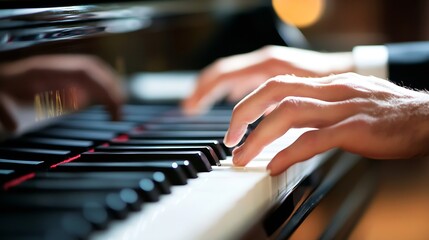 Obraz premium Close Up of Elegant Hands Playing Piano Keys with Soft Lighting and Depth of Field : Generative AI