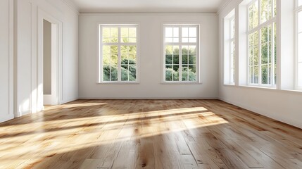 Fototapeta premium Spacious and Bright Empty Room with Wooden Floors and Large Windows for Modern Living : Generative AI