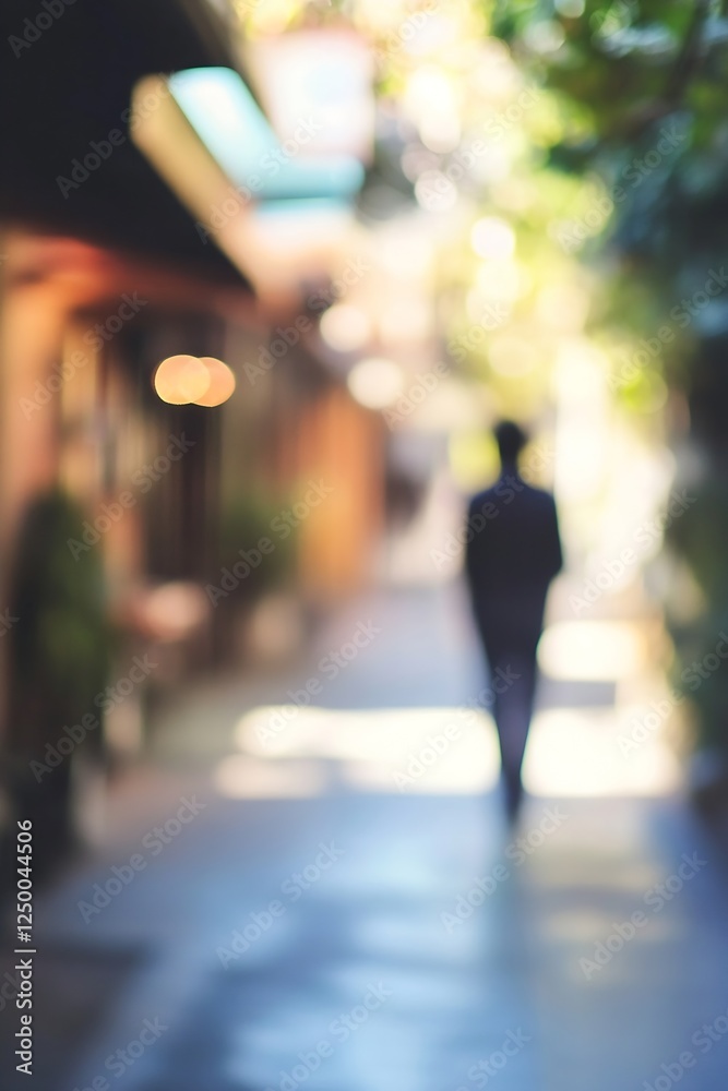 Poster Blurred figure walking down a picturesque alley with soft sunlight filtering through trees : Generative AI