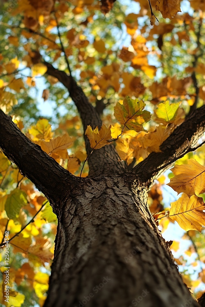 Aufkleber autumn leaves in brilliant yellow surrounding a tall tree creating a stunning canopy view : generati