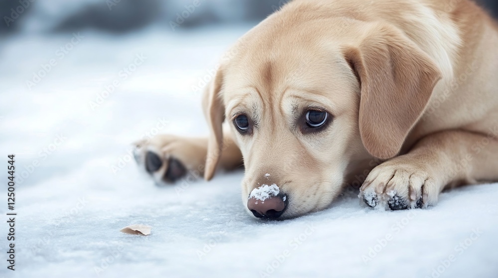 Poster adorable yellow labrador puppy looking sad on snowy ground with a longing gaze : generative ai
