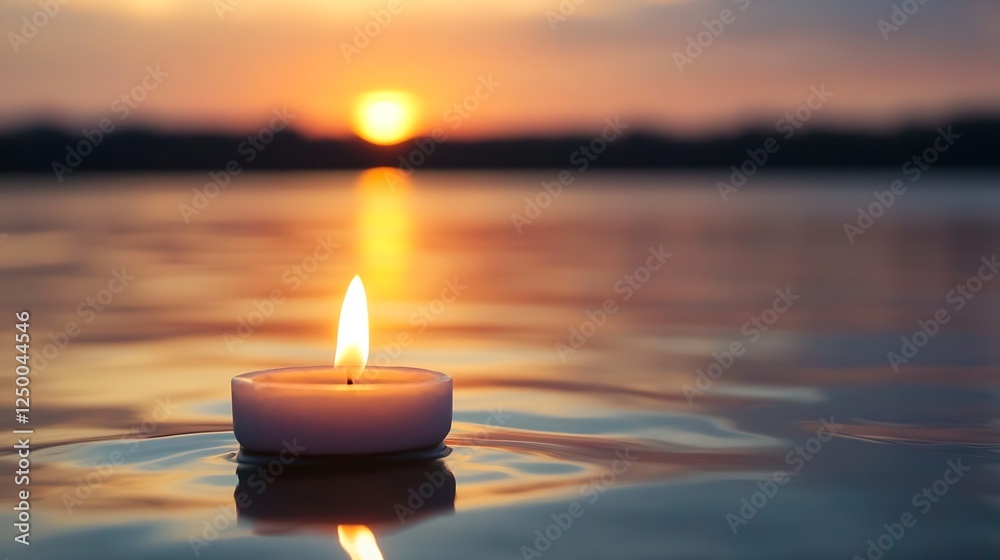 Aufkleber a lit candle floating on calm water at sunset creating a tranquil and soothing atmosphere : generati