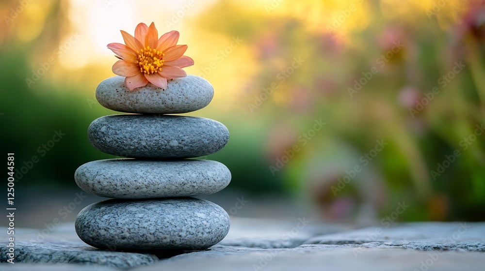 Aufkleber Serenity with stacked stones and a delicate flower on top creating a calming natural setting : Generative AI
