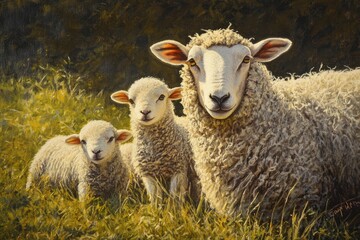 Fototapeta premium Sheep family portrait, sunny pasture, springtime
