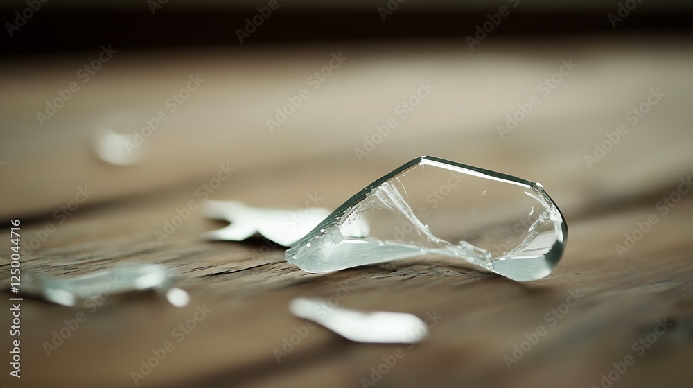 Poster close up of broken glass piece on wooden surface emphasizing fragility and accident concept : genera