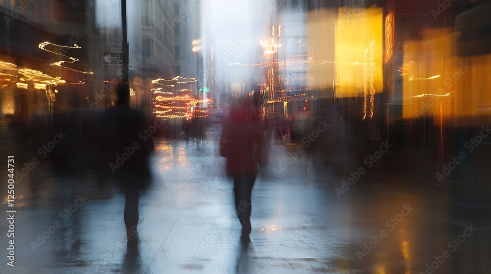 Poster urban street scene with blurred figures and lights creating an atmospheric evening ambiance : genera