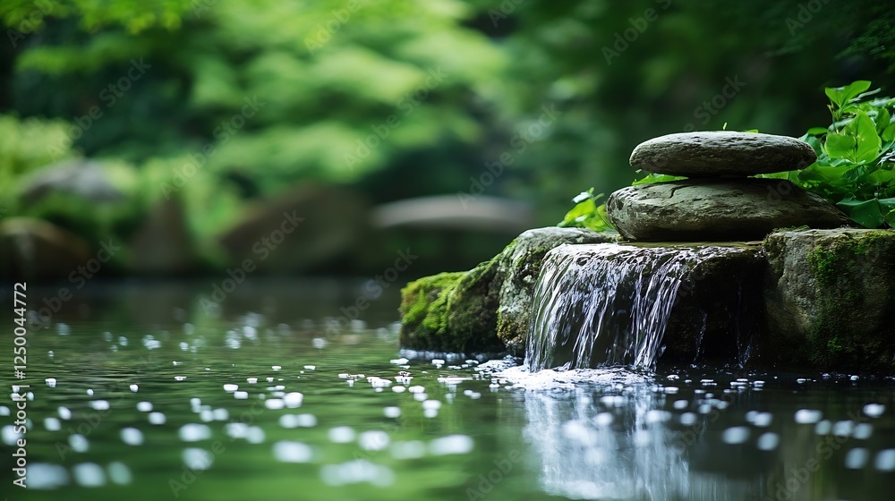 Poster Tranquil garden stream with smooth stones and cascading water in serene environment : Generative AI