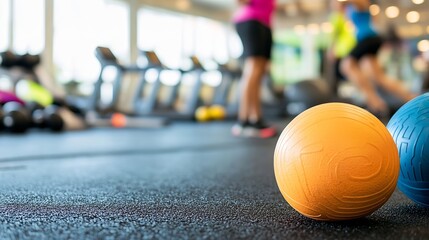 Colorful exercise balls on gym floor with blurred fitness equipment in background : Generative AI