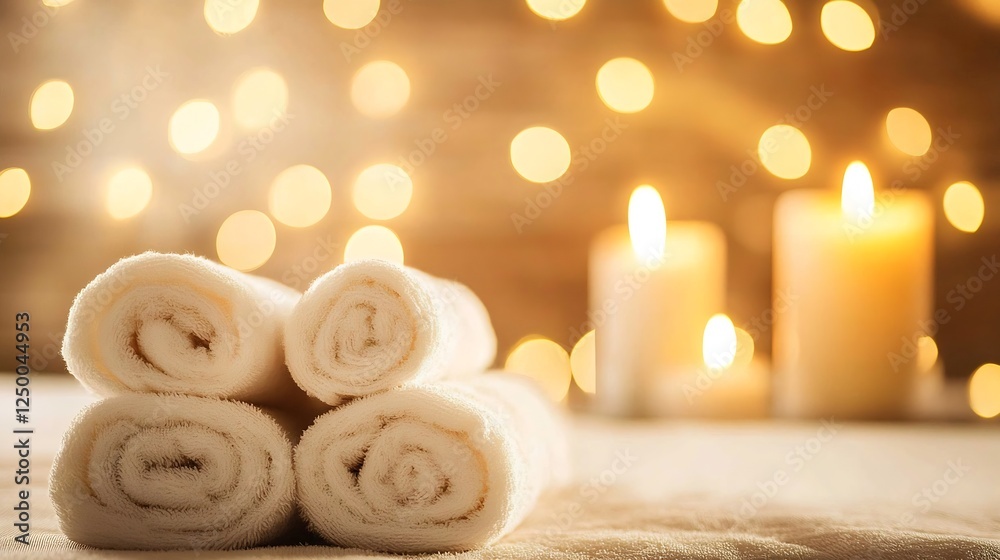 Aufkleber relaxing spa ambience with rolled towels and soft candles illuminated by warm lights : generative ai