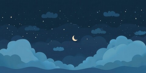 Serene Night Sky with Crescent Moon and Fluffy Clouds