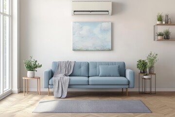 Air conditioner above blue sofa in modern living room with plants and artwork.