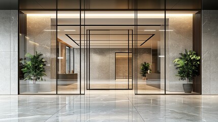 Obraz premium Modern Lobby Entrance with Sleek Design and Greenery Accents