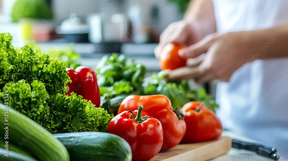 Poster fresh grocery preparation with chef hands organizing vibrant vegetables on chopping board : generati