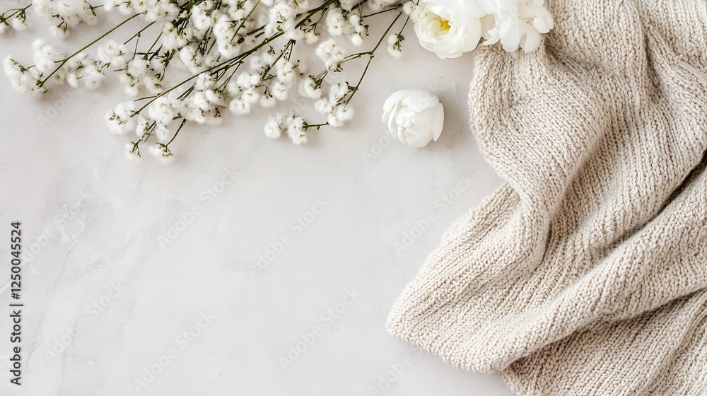 Aufkleber elegant arrangement of soft textiles with fresh white flowers : generative ai