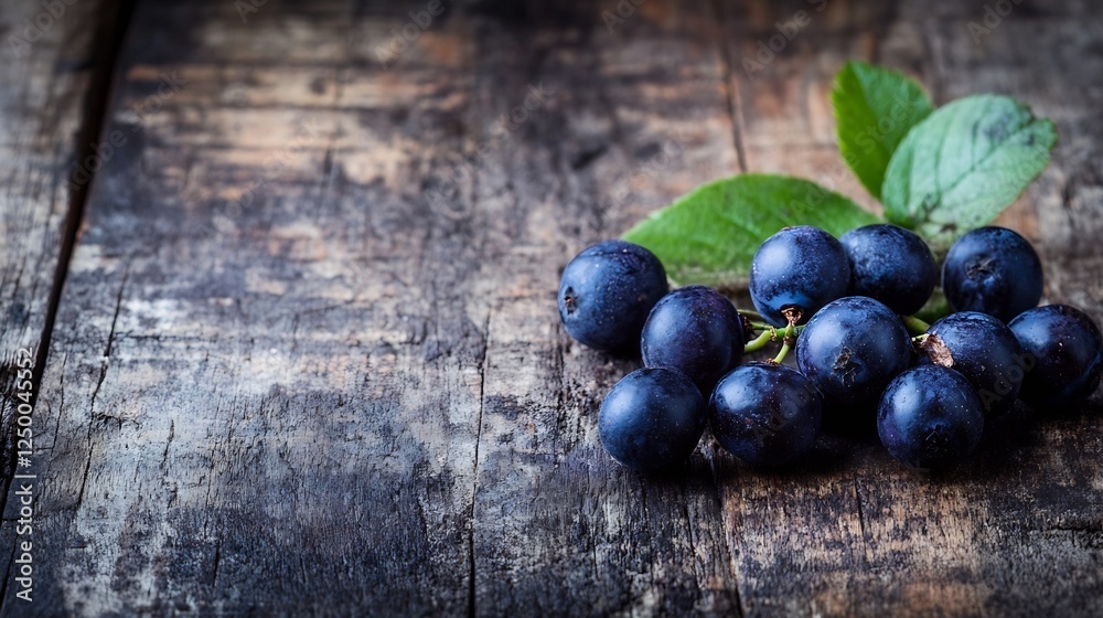 Poster fresh blueberries with leaves on rustic wooden background : generative ai