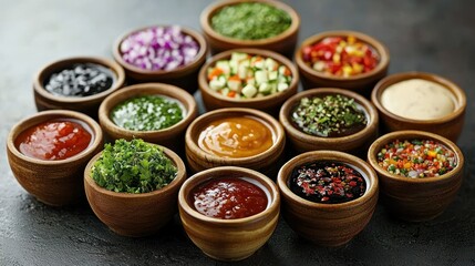 Fototapeta premium Diverse sauces, dips, and toppings arranged on dark background for food blog or recipe
