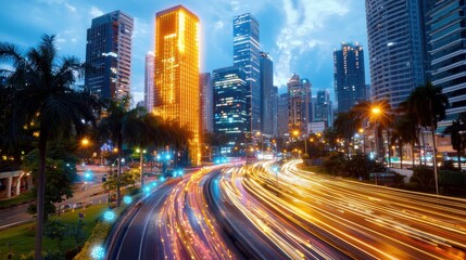 Fototapeta premium Vibrant Night City Highway with Illuminated Skyscrapers and Palm Trees