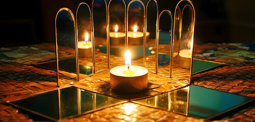 Creative setup where multiple mirrors reflect a candle burning, symbolizing different human rights.