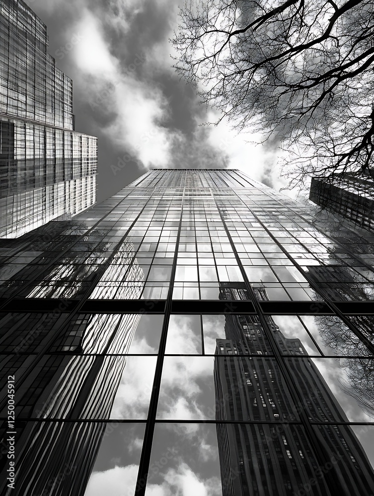 Poster dramatic perspective view of modern glass skyscrapers reflecting the sky with clouds and branches : 