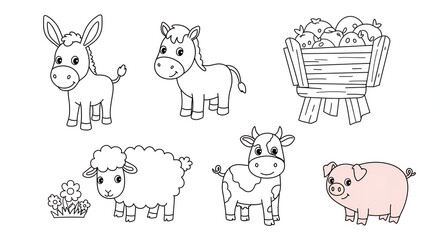 Obraz premium Adorable Farm Animals Coloring Page: Donkey, Horse, Sheep, Cow, Pig and Apples