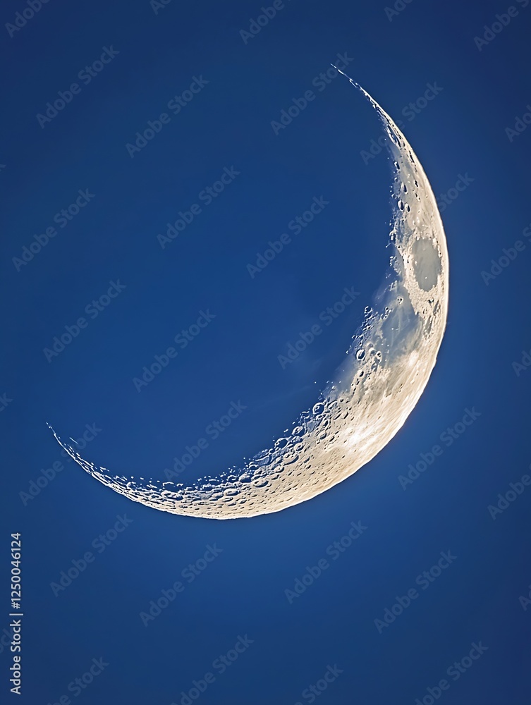 Poster crescent moon in clear blue sky with detailed craters and texture : generative ai