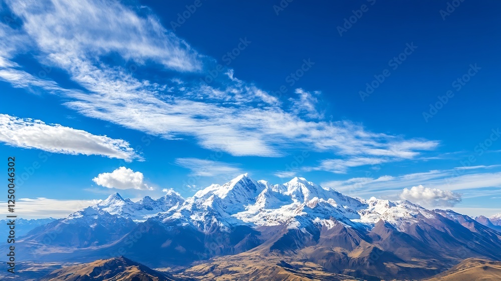 Aufkleber stunning panoramic view of snow capped mountains under a bright blue sky with fluffy clouds : genera