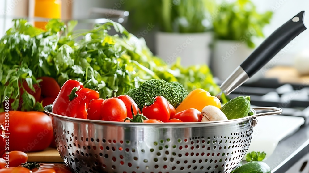 Poster fresh vegetables in colander ready for cooking : generative ai