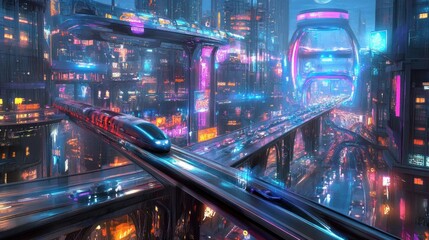 Fototapeta premium Futuristic transportation hub with trains and hover vehicles, autonomous cars cyberpunk city highway, background wallpaper AI generated image