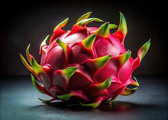 Night-blooming dragon fruit glows vibrantly against a dark backdrop, its exotic hues dramatically lit.