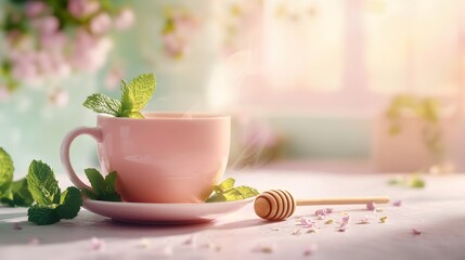 Cozy morning tea ritual with a steaming cup of herbal tea honey and fresh mint leaves on a rustic wooden table  This peaceful soothing scene captures the essence of self care mindfulness