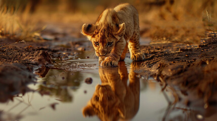 Fototapeta premium Lion cub cautiously approaching its reflection in a puddle on a muddy ground