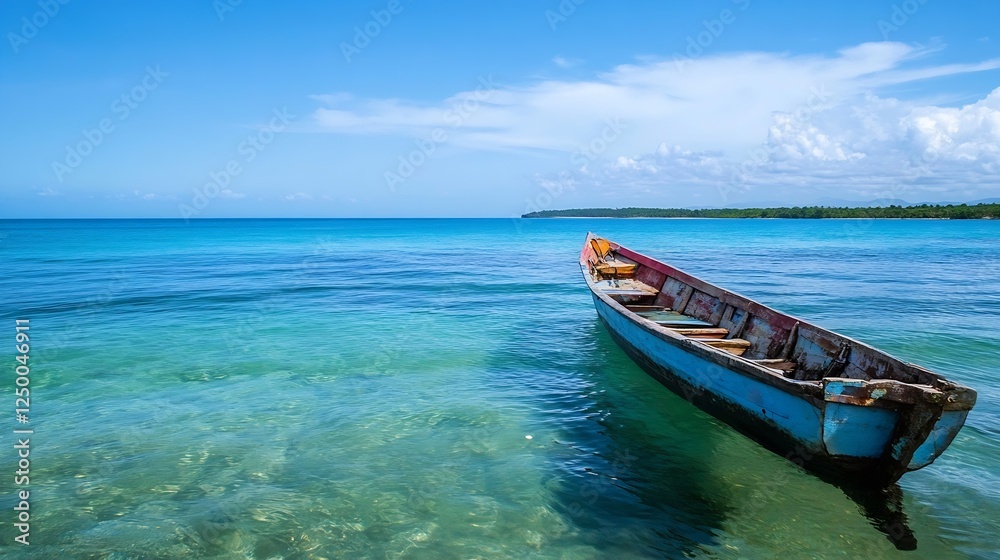 Poster Serene view of a rustic wooden boat resting on tranquil clear turquoise waters against a blue sky : Generative AI