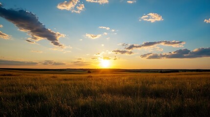 Fototapeta premium Breathtaking Sunset Over Open Fields with Colorful Clouds and Gentle Breeze : Generative AI