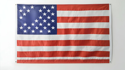 Vertical USA flag displayed hanging on a white background, clean and detailed style.