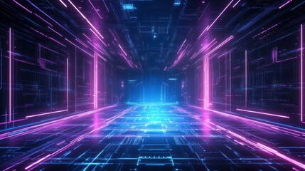 Abstract futuristic cyberpunk gaming background with digital retro glowing blue and purple neon lines wallpaper AI generated image