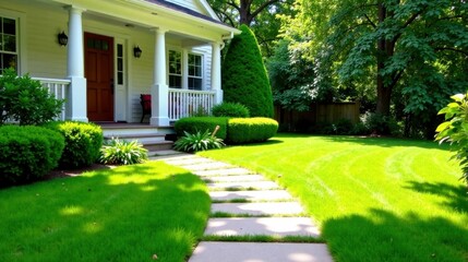 Fototapeta premium A sunlit stone pathway meanders through a vibrant green lawn, leading to a charming white house with a welcoming front porch and lush landscaping.
