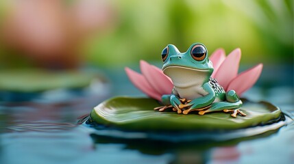 Cute Green Frog Sitting on Water Lily with Pink Blossom Background
