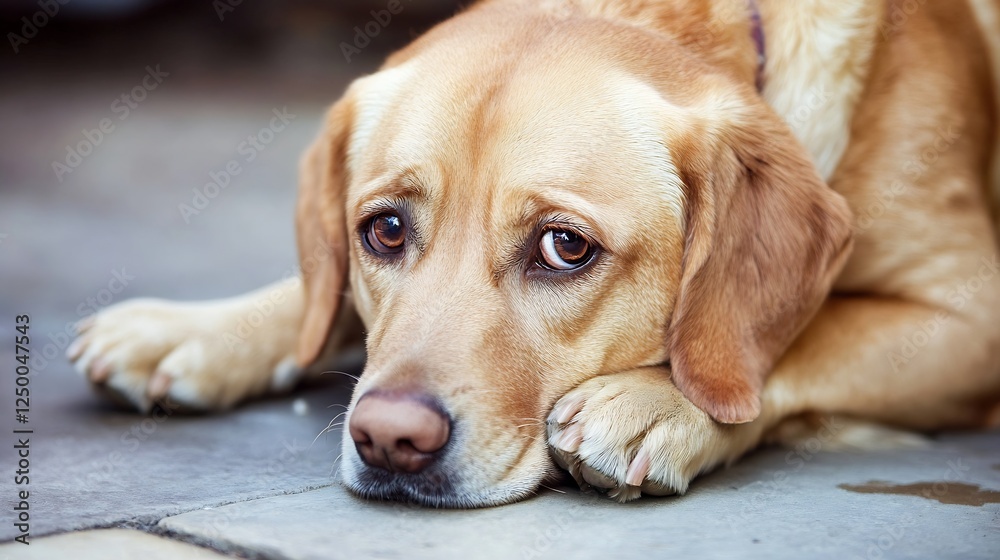 Poster sad golden retriever dog laying on the floor with a sorrowful expression : generative ai