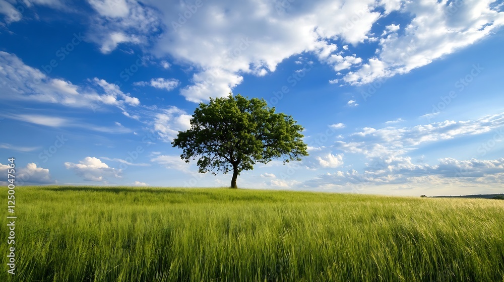 Poster lonely tree standing tall in a vast field under a bright blue sky : generative ai