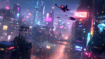 Fototapeta premium A futuristic city skyline with towering skyscrapers, glowing holograms, and flying vehicles under a neon-lit sky, cyberpunk atmosphere wallpaper AI generated image