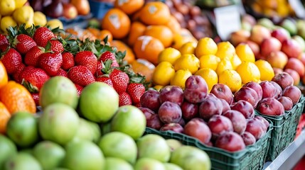 Vibrant assortment of fresh fruits showcasing strawberries lemons and apples at a local market stall : Generative AI