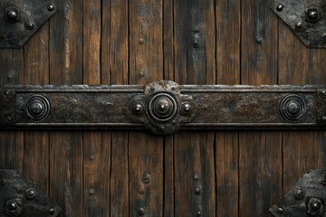 Ancient Wooden Gate with Metal Band and Decorative Studs