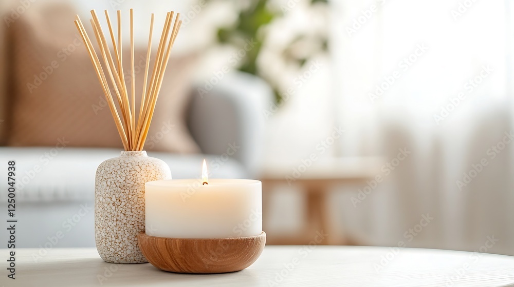 Aufkleber decorative aromatherapy diffuser with candle highlighting calm decor in a soft natural light room : 
