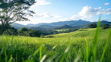 Obraz premium Breathtaking Mountain Landscape with Lush Green Fields and Scenic Skies : Generative AI