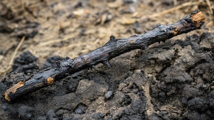 Fototapeta premium Charred Branch on Burned Ground: A Post-Wildfire Landscape