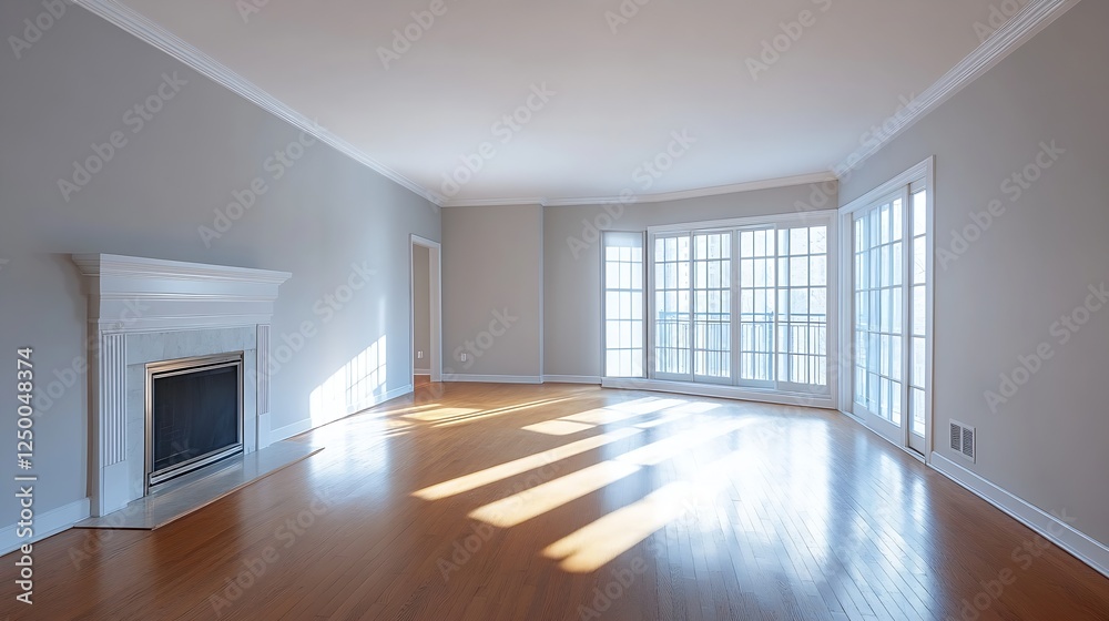 Poster bright and spacious empty living room bathed in natural light featuring large windows and a cozy fir