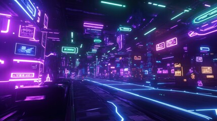 Fototapeta premium A futuristic gaming space arena with glowing purple, blue and green neon elements, forming an immersive sci-fi environment background wallpaper AI generated image