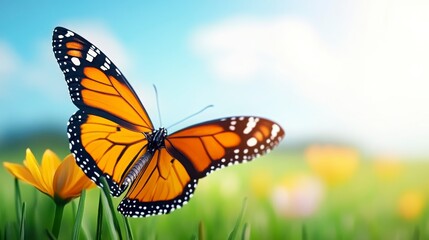 Vibrant Monarch Butterfly Resting on Bright Flower in Meadow