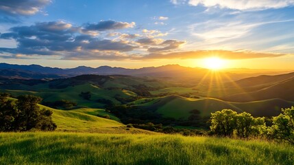 Obraz premium Breathtaking Sunset View Over Rolling Green Hills and Mountains : Generative AI