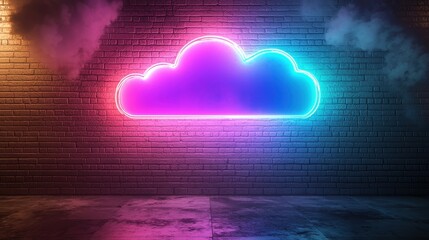 Neon Cloud Design Against a Brick Wall with Atmospheric Lighting